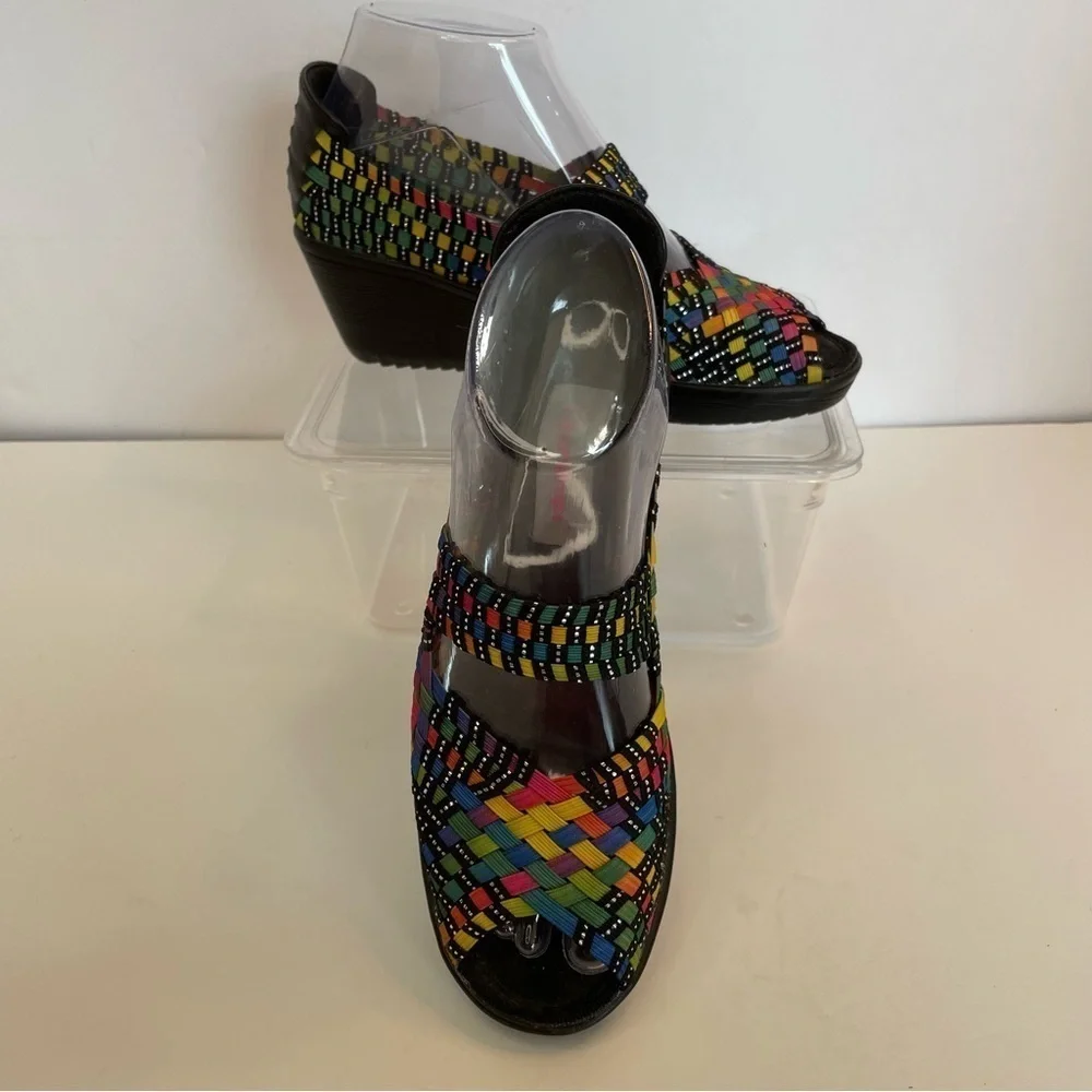 Bare Traps Umma Colorful Bright Rainbow Woven Black Wedges sz 5.5 Party Festival